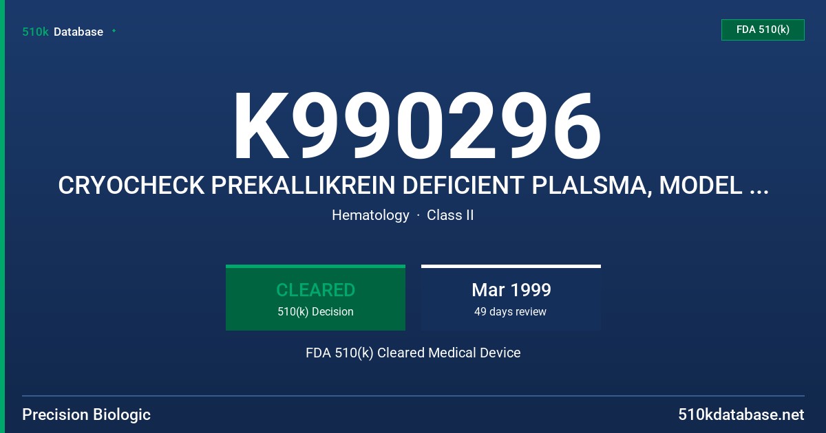 K990296 CRYOCHECK PREKALLIKREIN DEFICIENT PLALSMA, MODEL FDPK10/10 (10 X 1.0 ML), FDPK10/25 (25 X 1.0ML) FDA 510(k) Cleared Medical Device