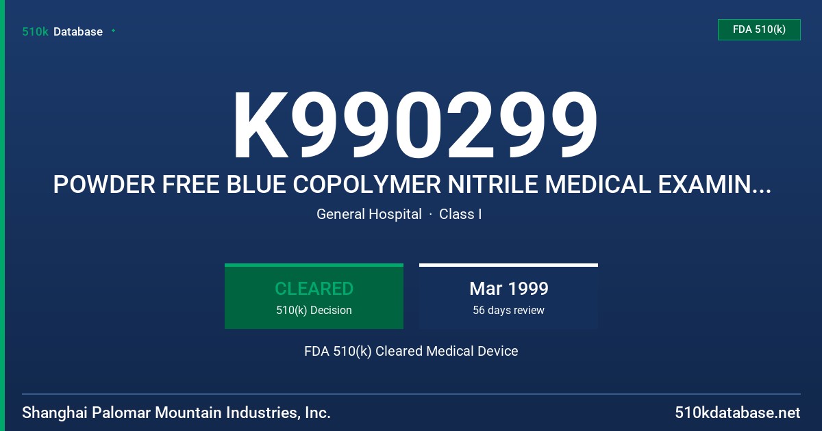 K990299 POWDER FREE BLUE COPOLYMER NITRILE MEDICAL EXAMINATION GLOVES FDA 510(k) Cleared Medical Device