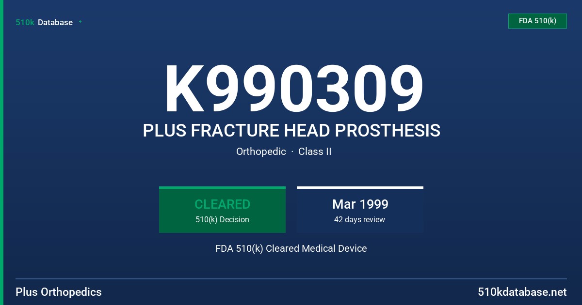 K990309 PLUS FRACTURE HEAD PROSTHESIS FDA 510(k) Cleared Medical Device