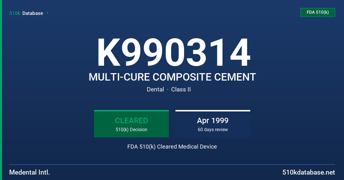 K990314 MULTI-CURE COMPOSITE CEMENT FDA 510(k) Cleared Medical Device