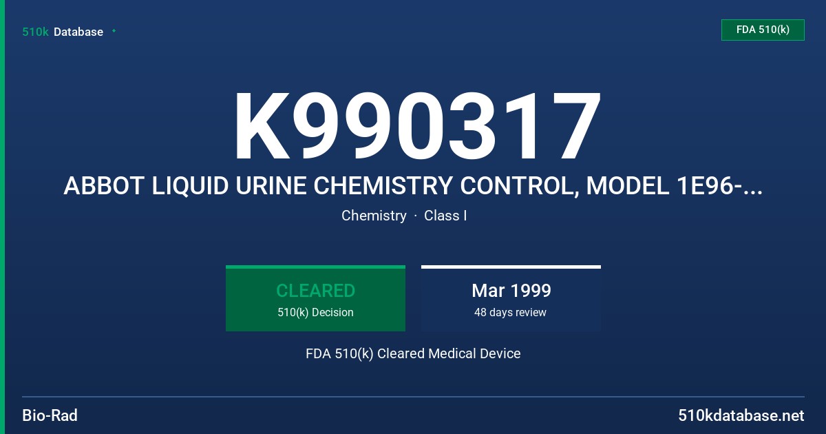 K990317 ABBOT LIQUID URINE CHEMISTRY CONTROL, MODEL 1E96-01/1E97-01 FDA 510(k) Cleared Medical Device