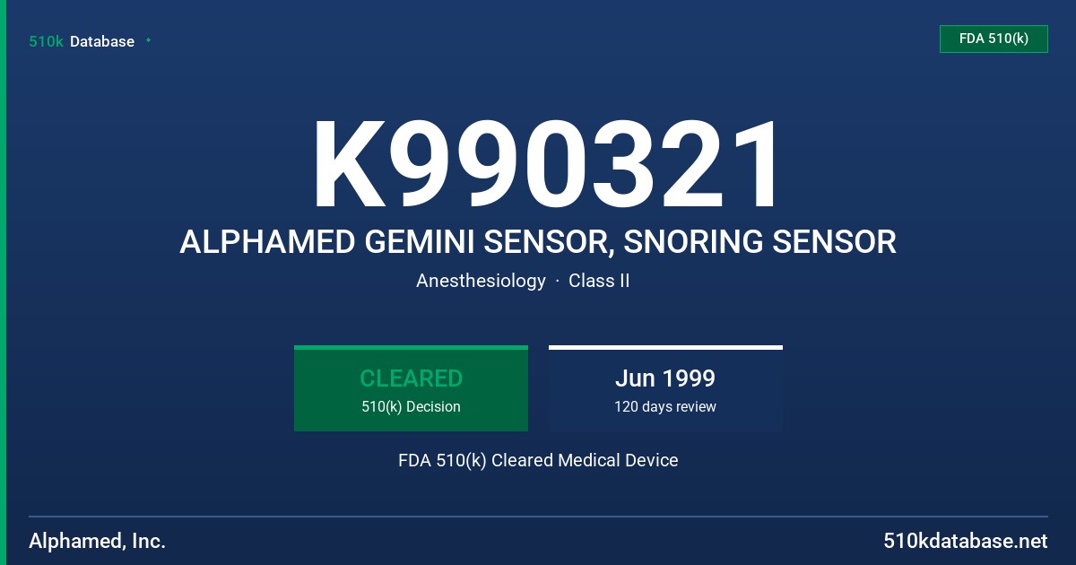 K990321 ALPHAMED GEMINI SENSOR, SNORING SENSOR FDA 510(k) Cleared Medical Device
