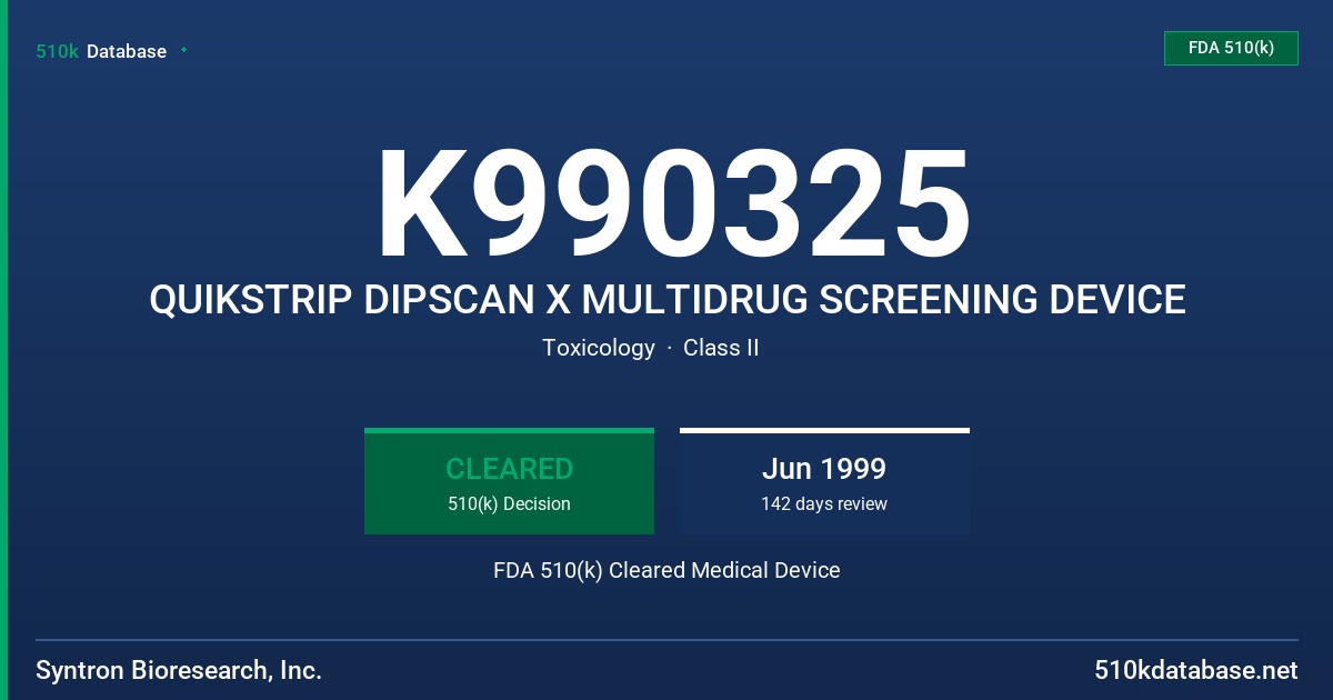 K990325 QUIKSTRIP DIPSCAN X MULTIDRUG SCREENING DEVICE FDA 510(k) Cleared Medical Device