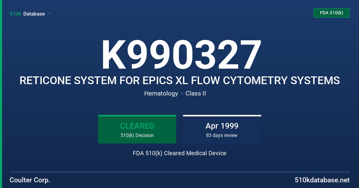 K990327 RETICONE SYSTEM FOR EPICS XL FLOW CYTOMETRY SYSTEMS FDA 510(k) Cleared Medical Device