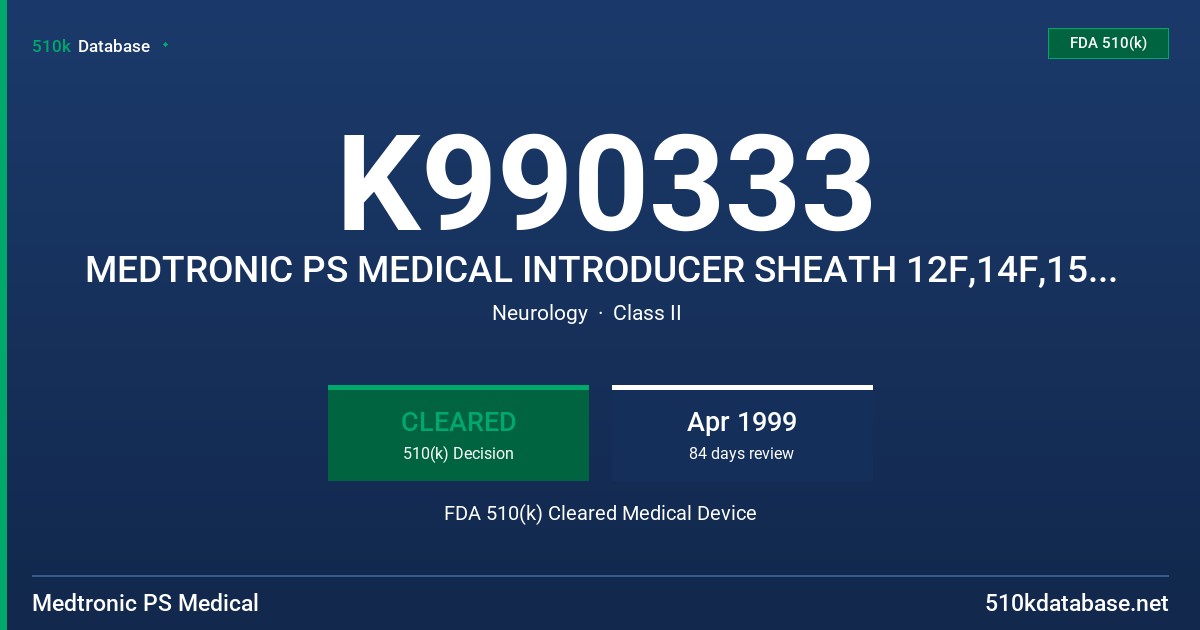 K990333 MEDTRONIC PS MEDICAL INTRODUCER SHEATH 12F,14F,15F, MODELS 3805-012, 3805-014, 3805-015 FDA 510(k) Cleared Medical Device