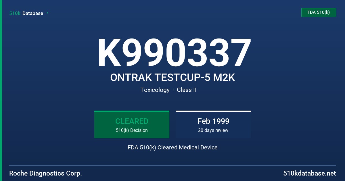 K990337 ONTRAK TESTCUP-5 M2K FDA 510(k) Cleared Medical Device