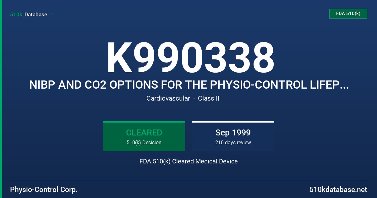 K990338 NIBP AND CO2 OPTIONS FOR THE PHYSIO-CONTROL LIFEPAK 12 DEFIBRILLATOR/MONITOR SYSTEM FDA 510(k) Cleared Medical Device