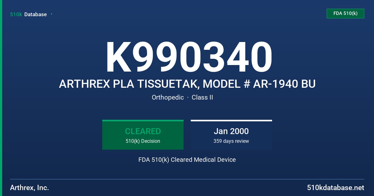 K990340 ARTHREX PLA TISSUETAK, MODEL # AR-1940 BU FDA 510(k) Cleared Medical Device