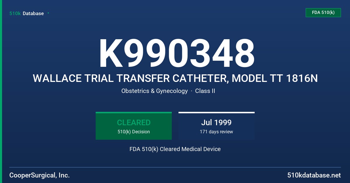 K990348 WALLACE TRIAL TRANSFER CATHETER, MODEL TT 1816N FDA 510(k) Cleared Medical Device