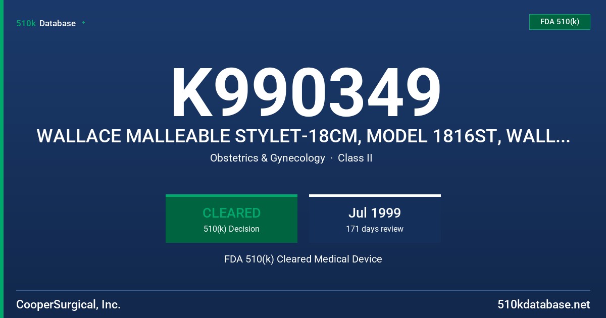 K990349 WALLACE MALLEABLE STYLET-18CM, MODEL 1816ST, WALLACE MALLEABLE STYLET-23CM, MODEL 1816NST FDA 510(k) Cleared Medical Device