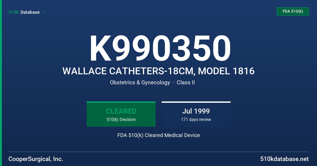 K990350 WALLACE CATHETERS-18CM, MODEL 1816 FDA 510(k) Cleared Medical Device