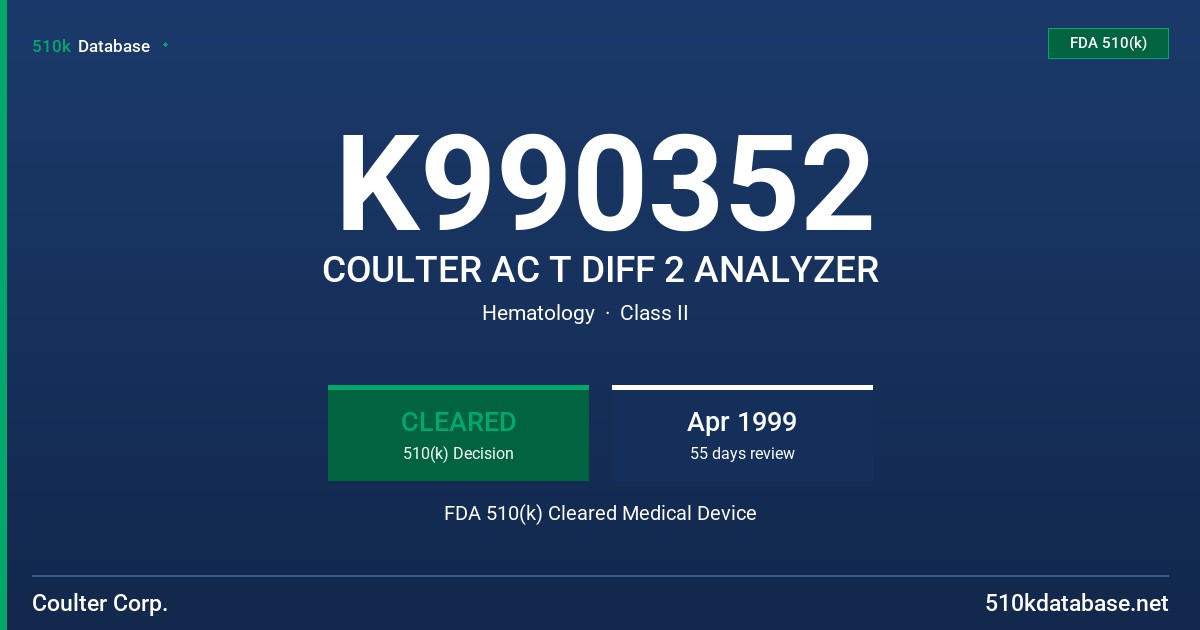 K990352 COULTER AC T DIFF 2 ANALYZER FDA 510(k) Cleared Medical Device