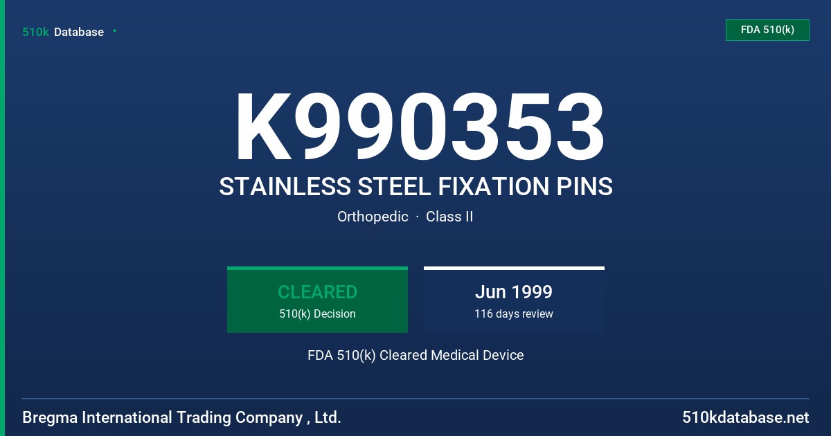 K990353 STAINLESS STEEL FIXATION PINS FDA 510(k) Cleared Medical Device