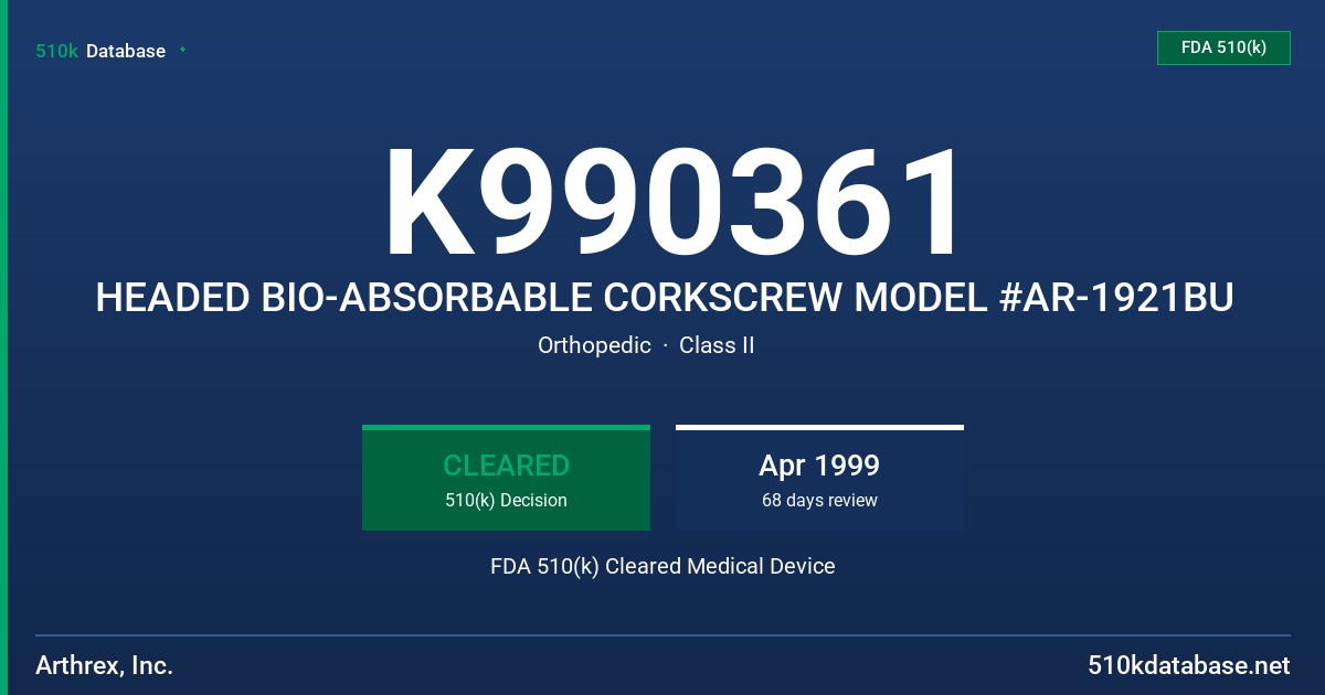 K990361 HEADED BIO-ABSORBABLE CORKSCREW MODEL #AR-1921BU FDA 510(k) Cleared Medical Device