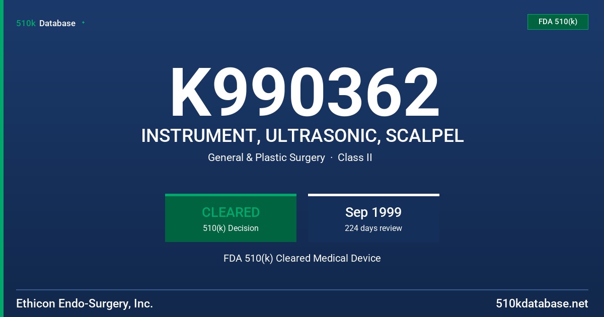 K990362 INSTRUMENT, ULTRASONIC, SCALPEL FDA 510(k) Cleared Medical Device