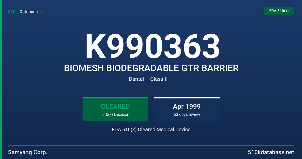 K990363 BIOMESH BIODEGRADABLE GTR BARRIER FDA 510(k) Cleared Medical Device