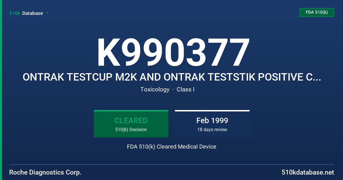 K990377 ONTRAK TESTCUP M2K AND ONTRAK TESTSTIK POSITIVE CONTROL, MODEL 11 18544, ONTRAK TESTCUP M2K AND ONTRAK TESTSTICK NEGATIV FDA 510(k) Cleared Medical Device