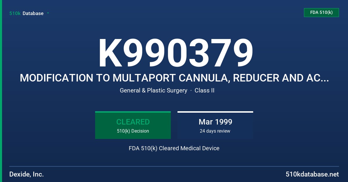 K990379 MODIFICATION TO MULTAPORT CANNULA, REDUCER AND ACCESSORIES FDA 510(k) Cleared Medical Device