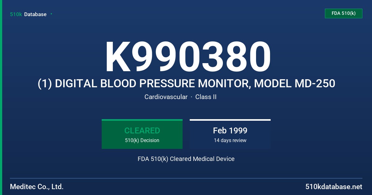 K990380 (1) DIGITAL BLOOD PRESSURE MONITOR, MODEL MD-250 FDA 510(k) Cleared Medical Device