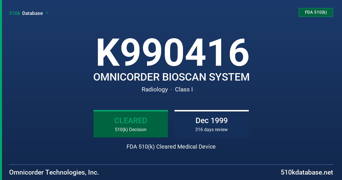 K990416 OMNICORDER BIOSCAN SYSTEM FDA 510(k) Cleared Medical Device