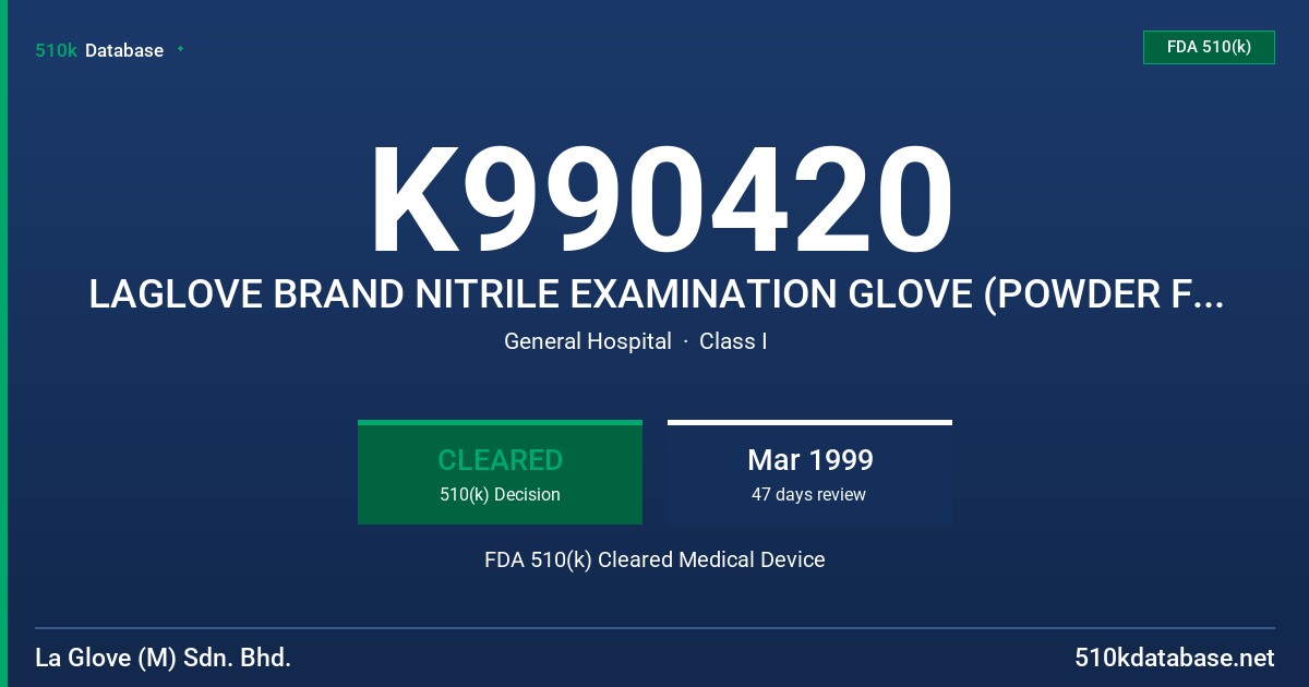 K990420 LAGLOVE BRAND NITRILE EXAMINATION GLOVE (POWDER FREE) FDA 510(k) Cleared Medical Device
