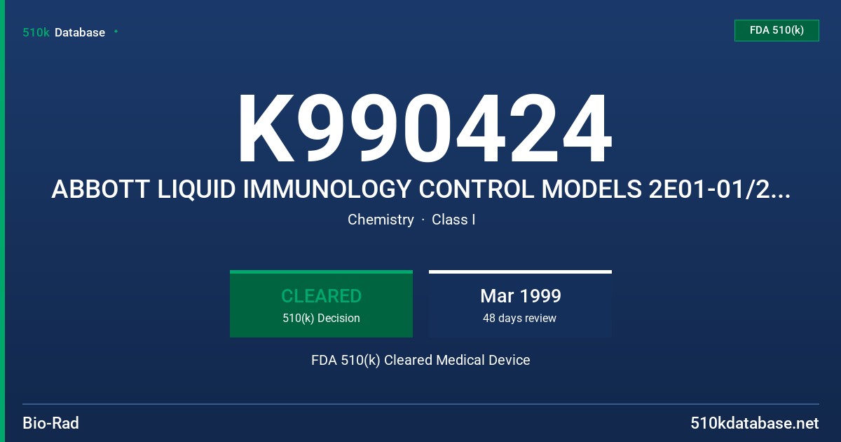 K990424 ABBOTT LIQUID IMMUNOLOGY CONTROL MODELS 2E01-01/2E02-01/2E03-01 FDA 510(k) Cleared Medical Device