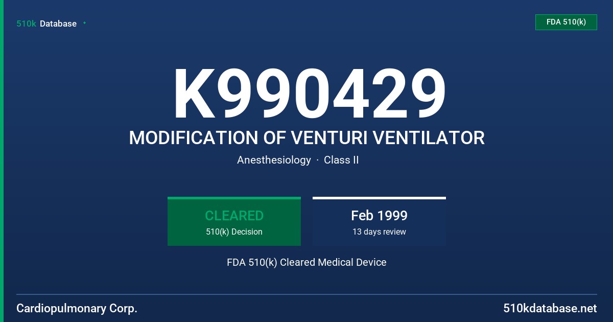 K990429 MODIFICATION OF VENTURI VENTILATOR FDA 510(k) Cleared Medical Device