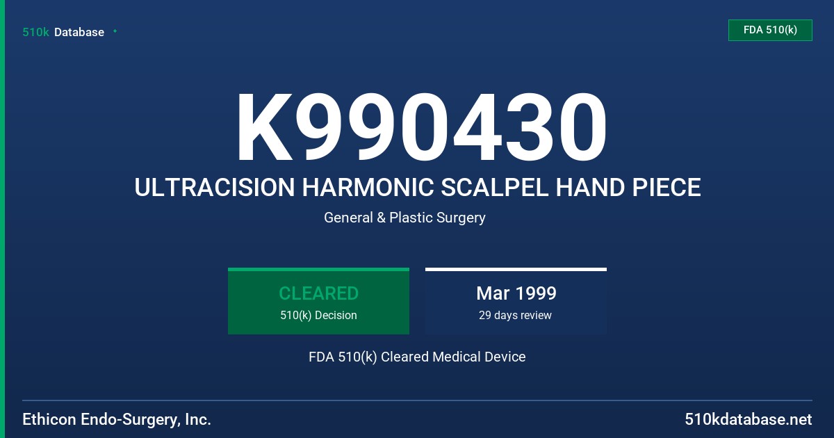 K990430 ULTRACISION HARMONIC SCALPEL HAND PIECE FDA 510(k) Cleared Medical Device