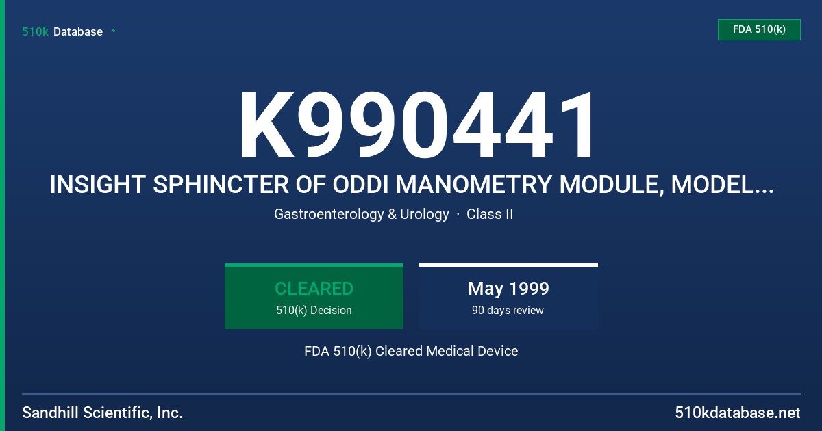 K990441 INSIGHT SPHINCTER OF ODDI MANOMETRY MODULE, MODEL S981300 FDA 510(k) Cleared Medical Device