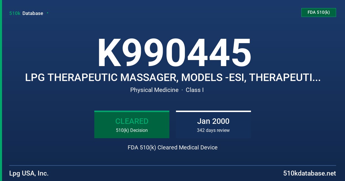 K990445 LPG THERAPEUTIC MASSAGER, MODELS -ESI, THERAPEUTIC MASSAGER/VIBRATOR FDA 510(k) Cleared Medical Device