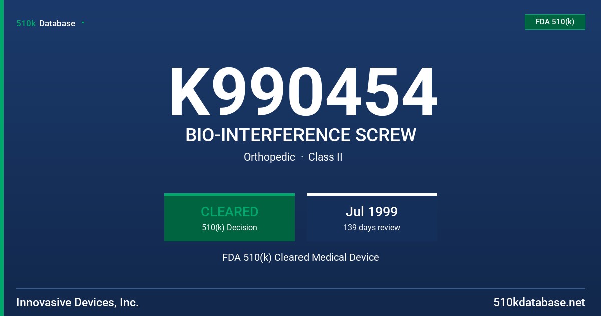K990454 BIO-INTERFERENCE SCREW FDA 510(k) Cleared Medical Device