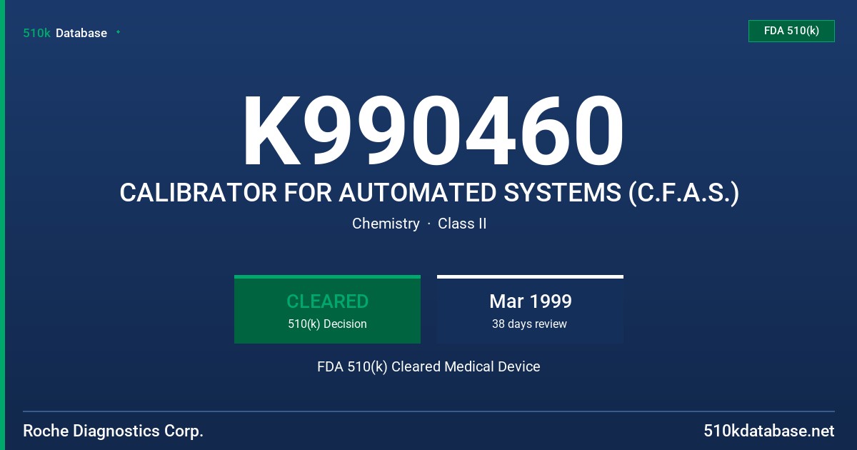 K990460 CALIBRATOR FOR AUTOMATED SYSTEMS (C.F.A.S.) FDA 510(k) Cleared Medical Device