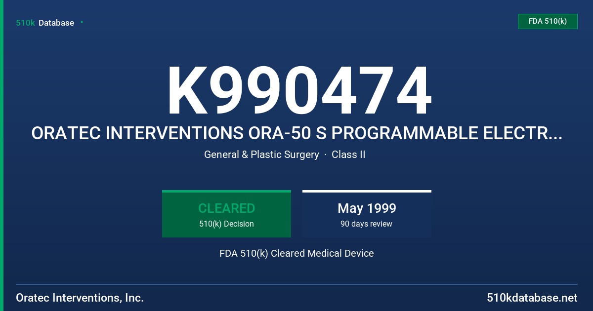 K990474 ORATEC INTERVENTIONS ORA-50 S PROGRAMMABLE ELECTROTHERMAL SPINE SYSTEM AND ACCESSORIES FDA 510(k) Cleared Medical Device