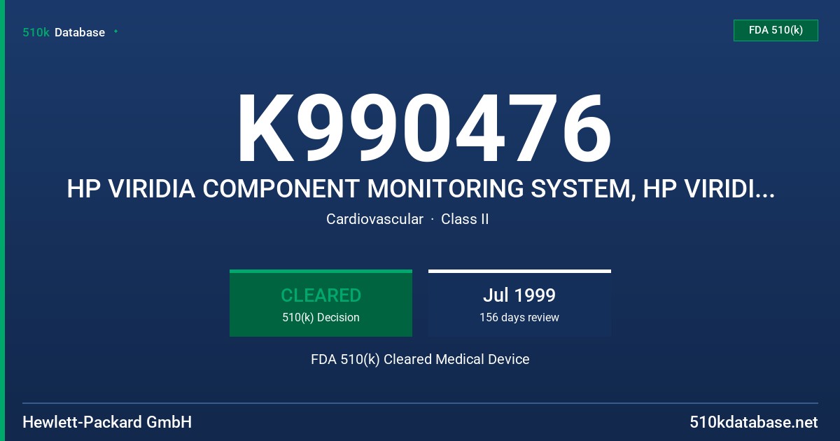 K990476 HP VIRIDIA COMPONENT MONITORING SYSTEM, HP VIRIDIA CMS 24/26, MODEL REV. K WITH EASI-ECG OPTION FDA 510(k) Cleared Medical Device