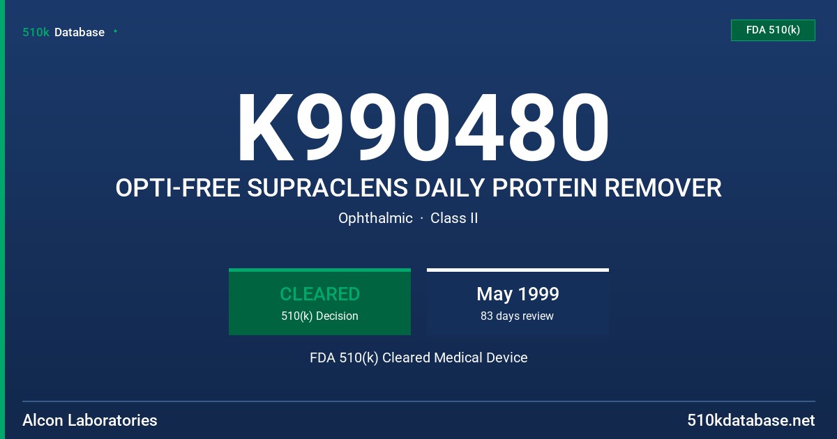 K990480 OPTI-FREE SUPRACLENS DAILY PROTEIN REMOVER FDA 510(k) Cleared Medical Device