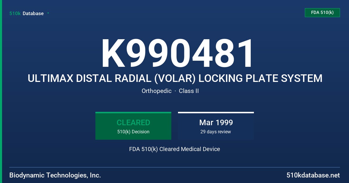 K990481 ULTIMAX DISTAL RADIAL (VOLAR) LOCKING PLATE SYSTEM FDA 510(k) Cleared Medical Device