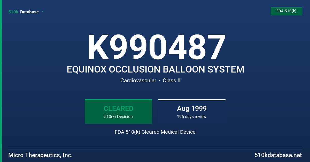 K990487 EQUINOX OCCLUSION BALLOON SYSTEM FDA 510(k) Cleared Medical Device