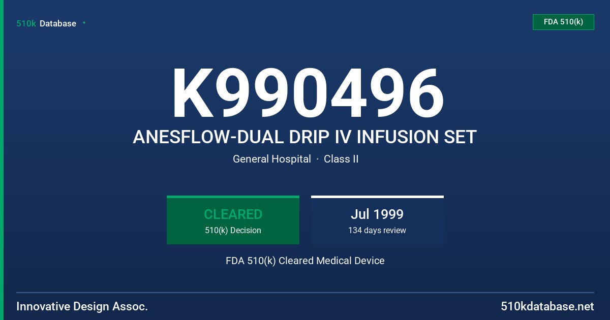 K990496 ANESFLOW-DUAL DRIP IV INFUSION SET FDA 510(k) Cleared Medical Device