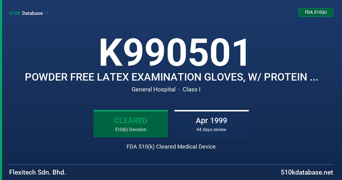 K990501 POWDER FREE LATEX EXAMINATION GLOVES, W/ PROTEIN LABELING CLAIM FDA 510(k) Cleared Medical Device