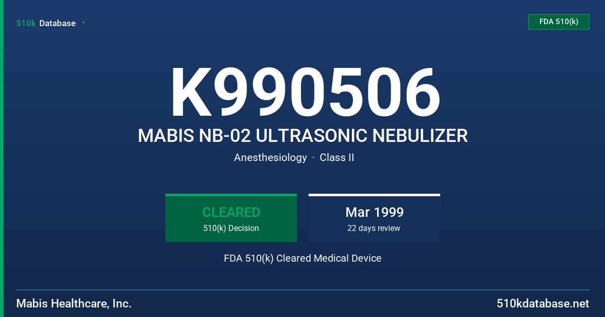 K990506 MABIS NB-02 ULTRASONIC NEBULIZER FDA 510(k) Cleared Medical Device