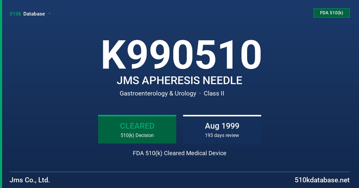 K990510 JMS APHERESIS NEEDLE FDA 510(k) Cleared Medical Device