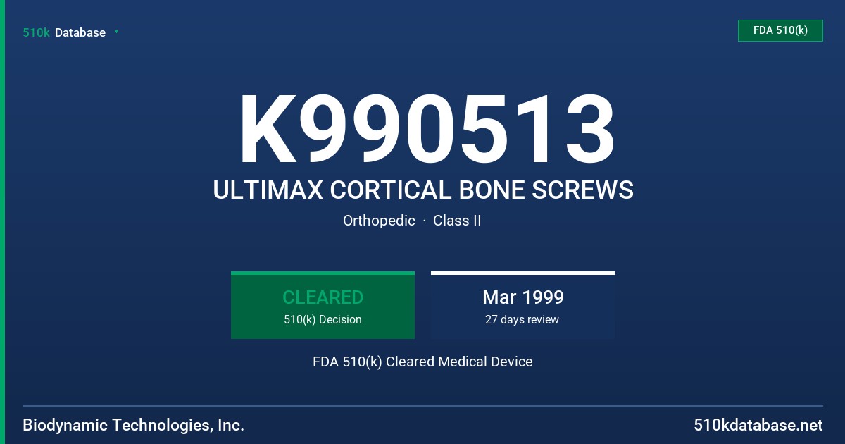K990513 ULTIMAX CORTICAL BONE SCREWS FDA 510(k) Cleared Medical Device