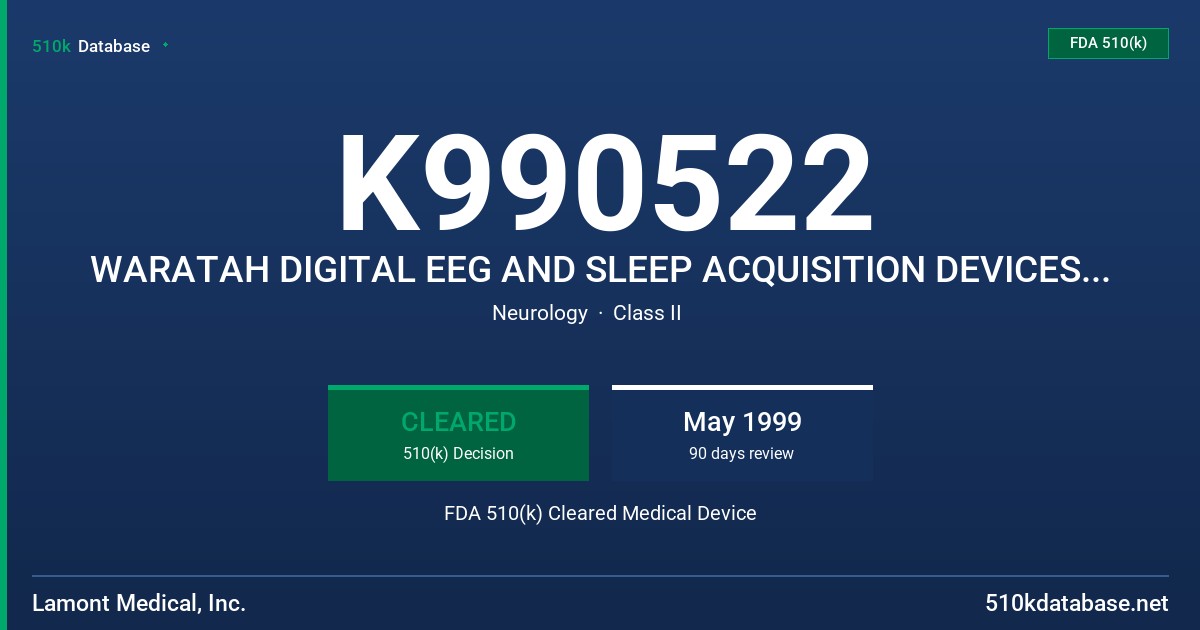 K990522 WARATAH DIGITAL EEG AND SLEEP ACQUISITION DEVICES WITH, OR WITHOUT, PULSE OXIMETRY,CARDINAL DIGITAL EEG AND SLEEP ACQUIS FDA 510(k) Cleared Medical Device
