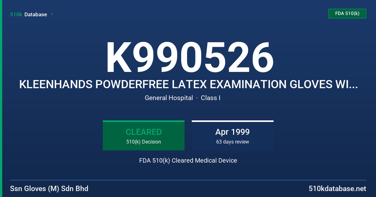 K990526 KLEENHANDS POWDERFREE LATEX EXAMINATION GLOVES WITH PROTEIN LABELING CLAIM FDA 510(k) Cleared Medical Device