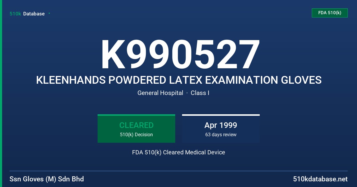 K990527 KLEENHANDS POWDERED LATEX EXAMINATION GLOVES FDA 510(k) Cleared Medical Device