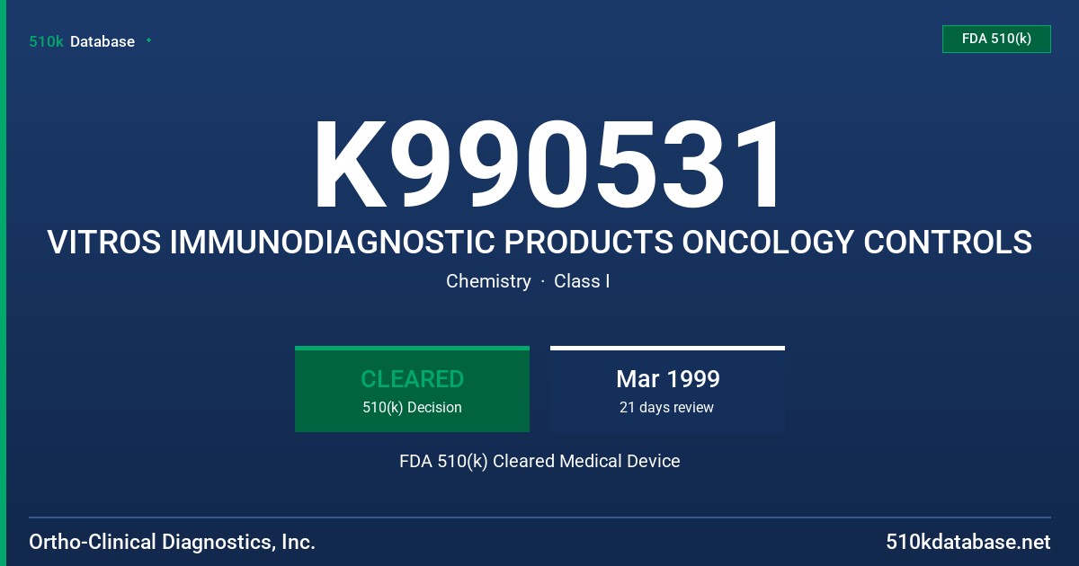 K990531 VITROS IMMUNODIAGNOSTIC PRODUCTS ONCOLOGY CONTROLS FDA 510(k) Cleared Medical Device