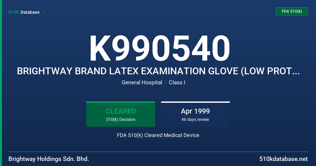 K990540 BRIGHTWAY BRAND LATEX EXAMINATION GLOVE (LOW PROTEIN) FDA 510(k) Cleared Medical Device