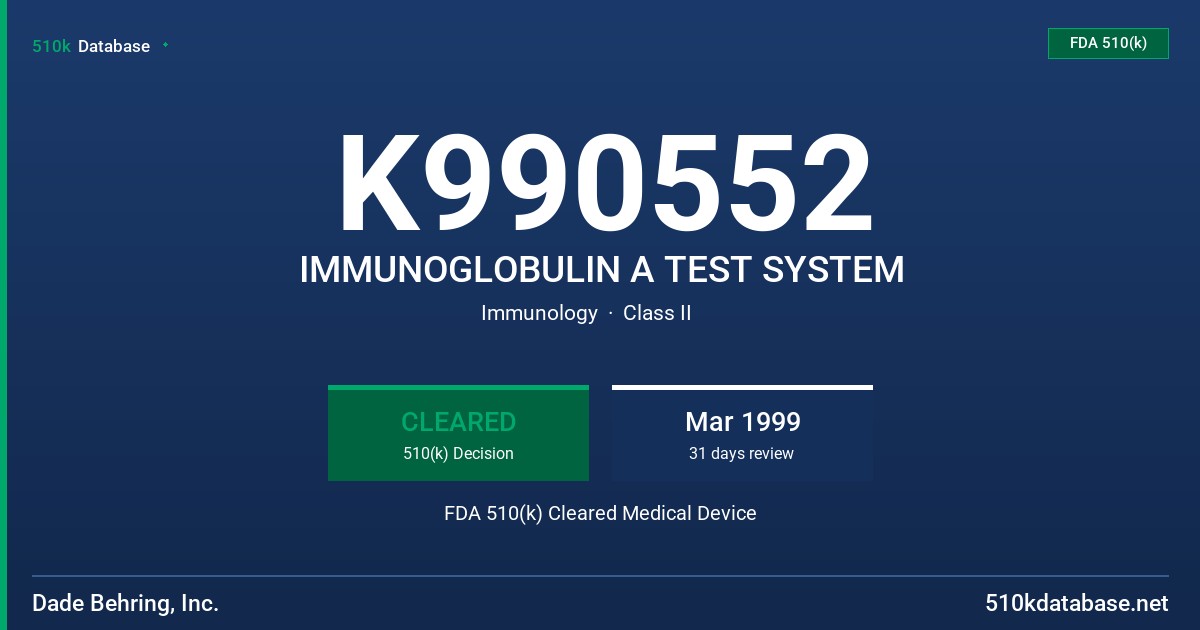 K990552 IMMUNOGLOBULIN A TEST SYSTEM FDA 510(k) Cleared Medical Device