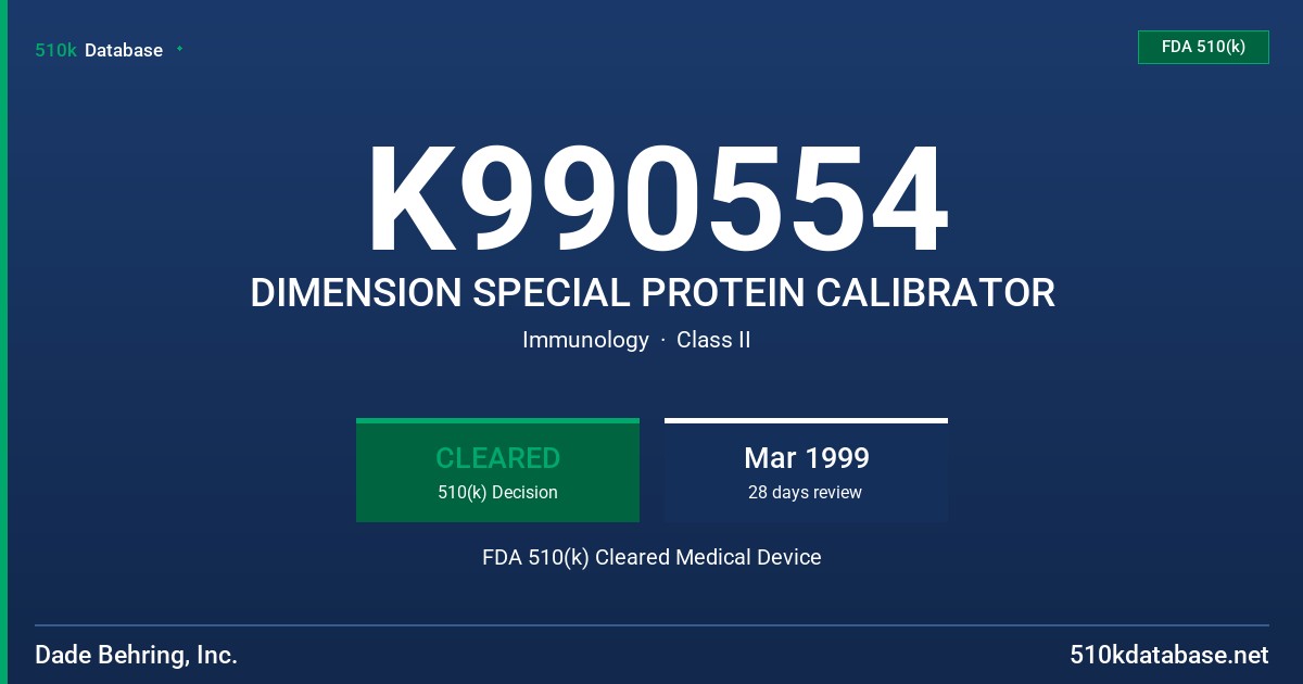 K990554 DIMENSION SPECIAL PROTEIN CALIBRATOR FDA 510(k) Cleared Medical Device