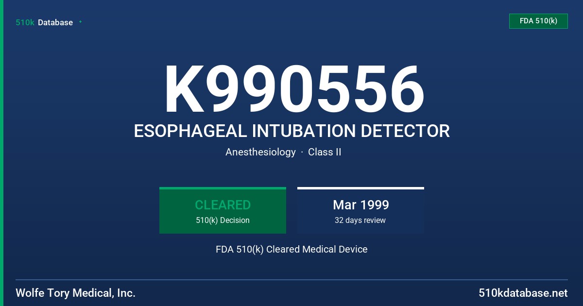K990556 ESOPHAGEAL INTUBATION DETECTOR FDA 510(k) Cleared Medical Device
